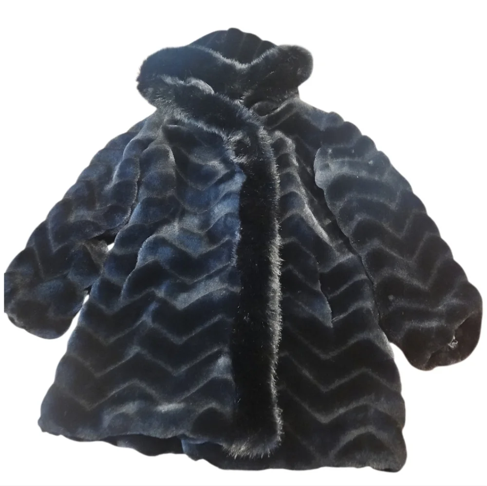 Gallery Hooded Black Faux Fur Jacket Sz L - Picture 7 of 16